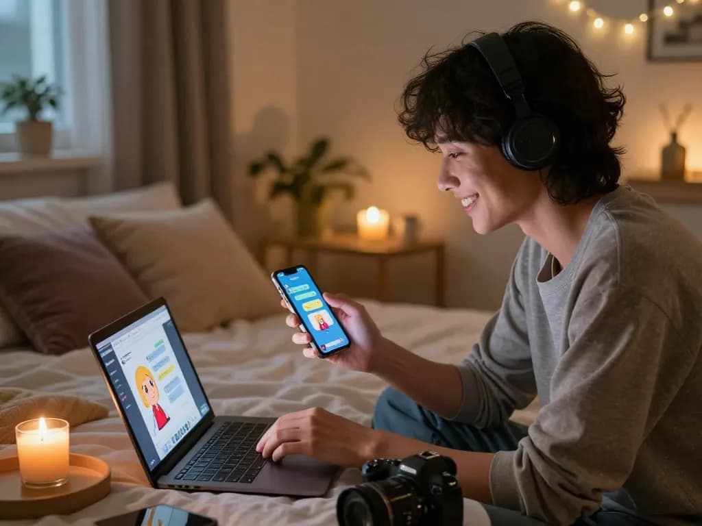 Engaging in sexting AI chats in a cozy bedroom with ambient lighting.