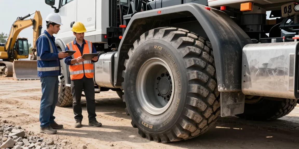 Double Coin RR99 tire showcased on heavy-duty truck at a construction site, highlighting durability and performance.